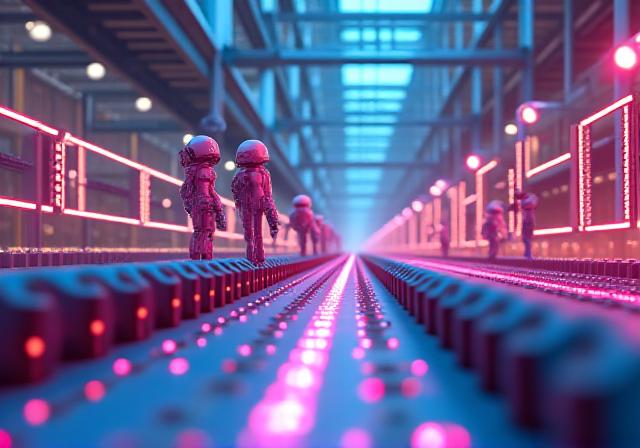 A vibrant 3D representation of a digital factory with friendly robots and glowing gears